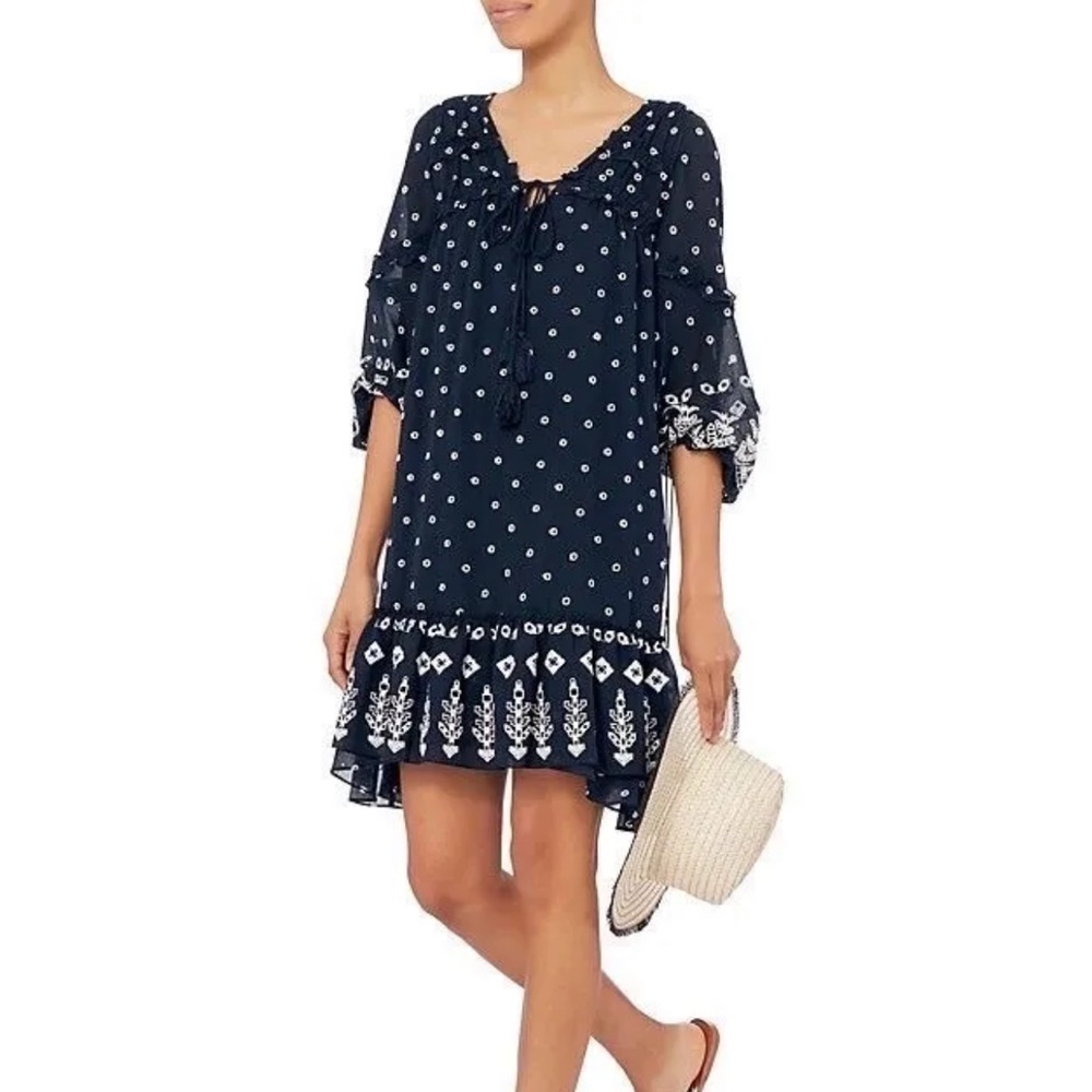 10 Crosby Derek Lam Navy Eyelet Embroidered Boho Dress Bell Sleeve Size 2
